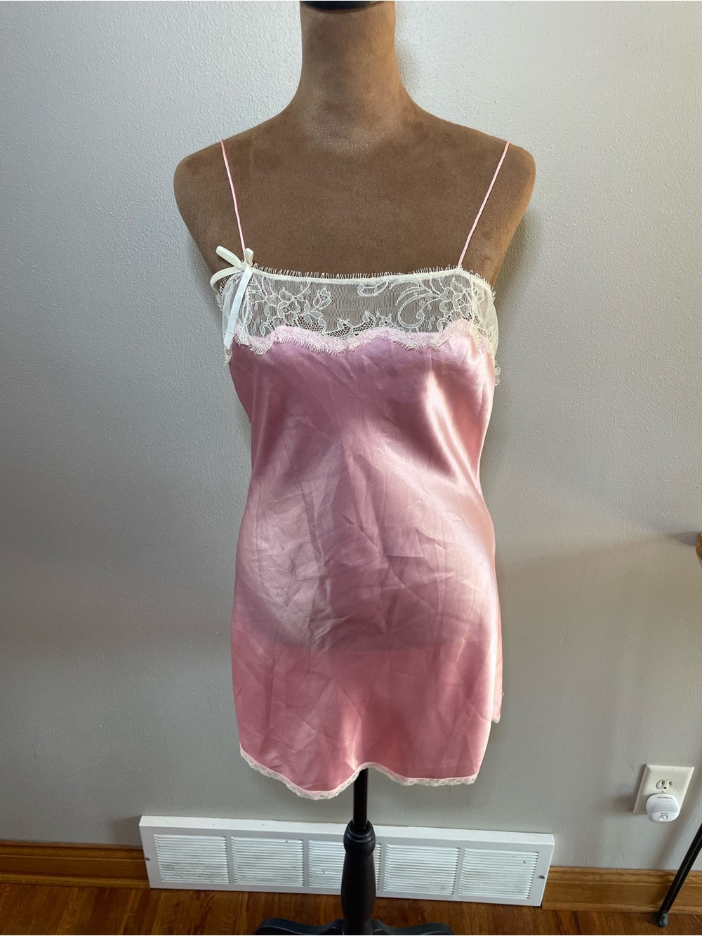 Vintage Victoria's Secret Pink Satin & White Lace Slip Dress